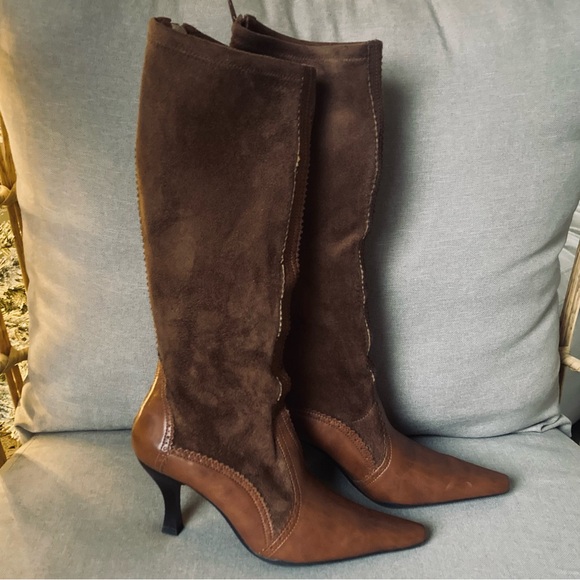 🤎 Vintage US 7.5 Franco Sarto Cognac Brown Suede & Leather Tall Boots - Picture 2 of 9